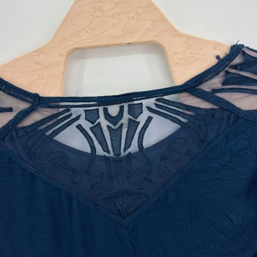 Free People Mesh Yoke Top Womens Medium Navy Blue Boho Embroidered Split Back